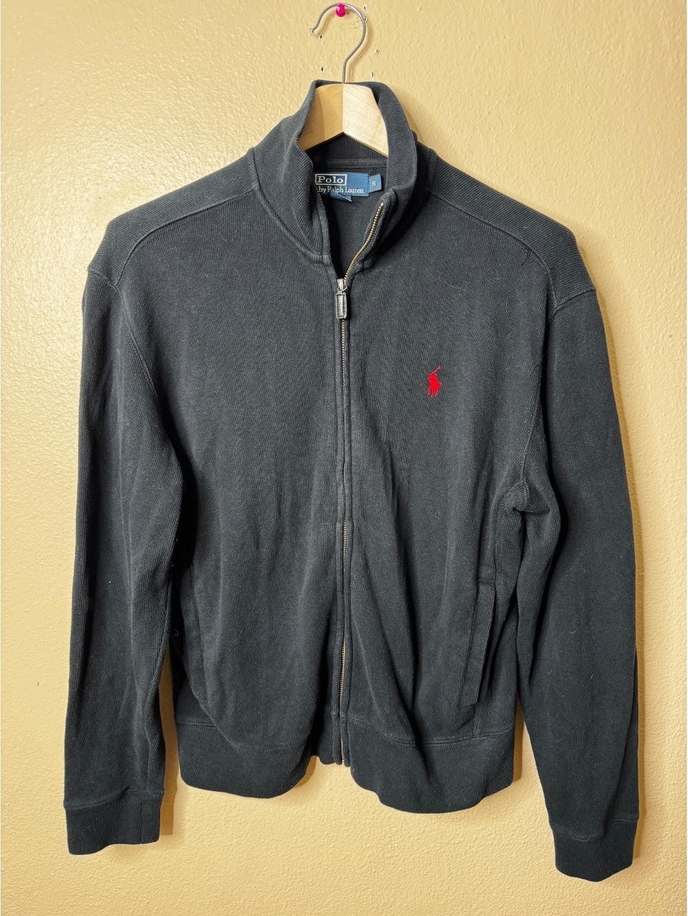 Polo Ralph Lauren Mens Small Black Full Zip Cotton Sweatshirt Red Pony Logo